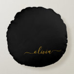 Black Gold Modern Script Girly Monogram Name Round Cushion<br><div class="desc">Black and Gold Simple Script Monogram Name Pouf Pillow. The pillow makes the perfect sweet 16 birthday,  wedding,  bridal shower,  baby shower or bachelorette party gift for someone decorating her room in rose gold.</div>
