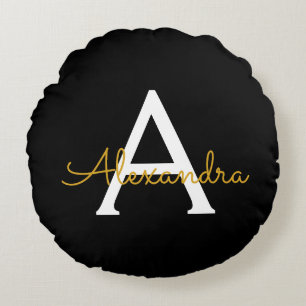 Black Gold Modern Script Girly Monogram Name Round Cushion