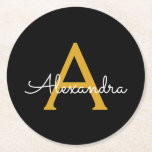 Black Gold Modern Script Girly Monogram Name Round Paper Coaster<br><div class="desc">Black and Gold Simple Script Monogram Name Paper Coasters. This makes the perfect graduation,  birthday,  wedding,  bridal shower,  anniversary,  baby shower or bachelorette party gift for someone that loves glam luxury and chic styles.</div>
