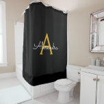 Black Gold Modern Script Girly Monogram Name Shower Curtain<br><div class="desc">Black and Gold Monogram Name Bathroom Shower Curtain. This makes the perfect sweet 16 birthday,  wedding,  bridal shower,  anniversary,  baby shower or bachelorette party gift for someone that loves glam luxury and chic styles.</div>