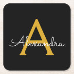 Black Gold Modern Script Girly Monogram Name Square Paper Coaster<br><div class="desc">Black and Gold Simple Script Monogram Name Paper Coasters. This makes the perfect graduation,  birthday,  wedding,  bridal shower,  anniversary,  baby shower or bachelorette party gift for someone that loves glam luxury and chic styles.</div>
