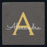 Black Gold Modern Script Girly Monogram Name Stone Coaster<br><div class="desc">Black and Gold Simple Script Monogram Name Stone Tile. This makes the perfect graduation,  sweet 16 birthday,  wedding,  bridal shower,  anniversary,  baby shower or bachelorette party gift for someone that loves glam luxury and chic styles.</div>