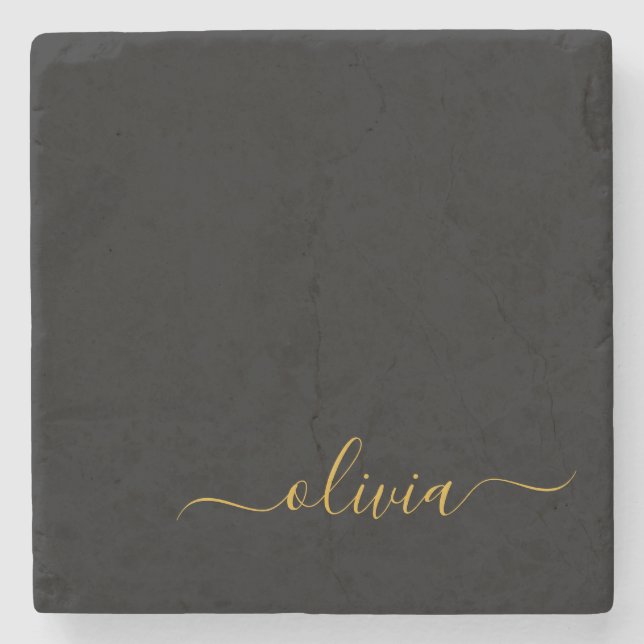 Black Gold Modern Script Girly Monogram Name Stone Coaster (Front)