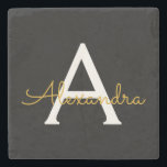 Black Gold Modern Script Girly Monogram Name Stone Coaster<br><div class="desc">Black and Gold Simple Script Monogram Name Stone Tile. This makes the perfect graduation,  sweet 16 birthday,  wedding,  bridal shower,  anniversary,  baby shower or bachelorette party gift for someone that loves glam luxury and chic styles.</div>