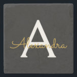 Black Gold Modern Script Girly Monogram Name Stone Coaster<br><div class="desc">Black and Gold Simple Script Monogram Name Stone Tile. This makes the perfect graduation,  sweet 16 birthday,  wedding,  bridal shower,  anniversary,  baby shower or bachelorette party gift for someone that loves glam luxury and chic styles.</div>