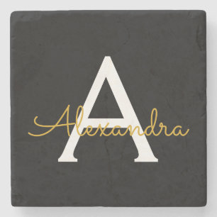 Black Gold Modern Script Girly Monogram Name Stone Coaster