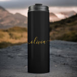 Black Gold Modern Script Girly Monogram Name Thermal Tumbler<br><div class="desc">Black and Gold Simple Script Monogram Name Drink Tumbler. This makes the perfect sweet 16 birthday,  wedding,  bridal shower,  anniversary,  baby shower or bachelorette party gift for someone that loves glam luxury and chic styles.</div>