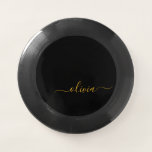 Black Gold Modern Script Girly Monogram Name Wham-O Frisbee<br><div class="desc">Black and Gold Simple Script Monogram Name Frisbee. This makes the perfect graduation,  birthday,  wedding,  bridal shower,  anniversary,  baby shower or bachelorette party gift for someone that loves glam luxury and chic styles.</div>