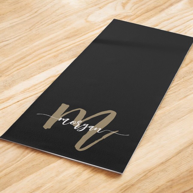 Black Gold Modern Script Girly Monogram Name Yoga Mat (Creator Uploaded)