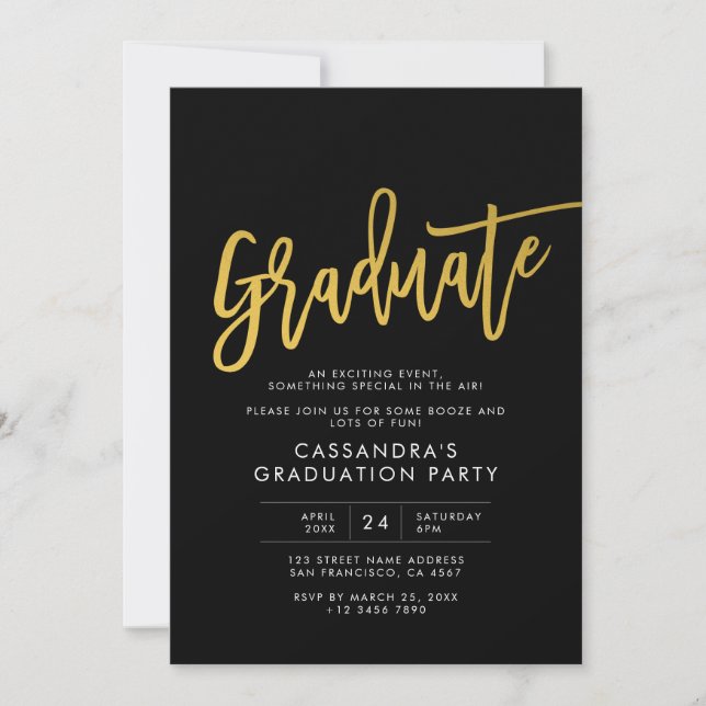 Black Gold Modern Script Graduate Party Invitation (Front)