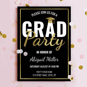 Black & Gold Modern Script Graduation Party Invitation