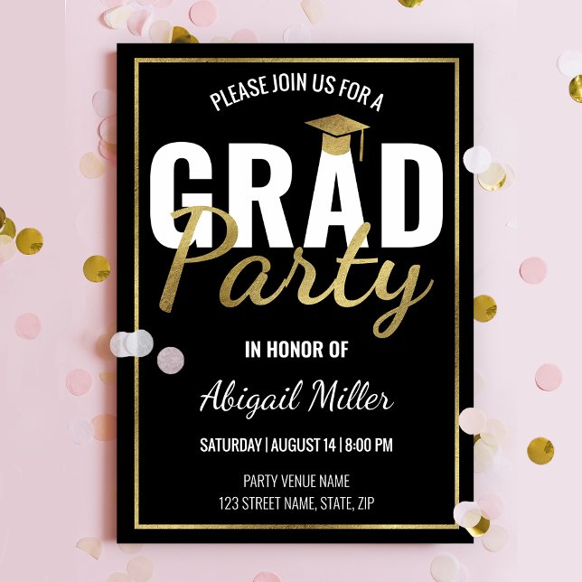 Black & Gold Modern Script Graduation Party Invitation (Creator Uploaded)