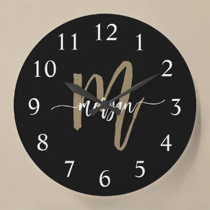 Black Gold Modern Script Monogram Name Large Clock