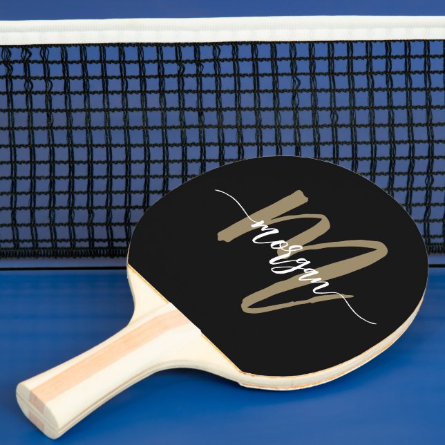 Black Gold Modern Script Monogram Name Ping Pong Paddle (Insitu)