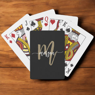 Black Gold Modern Script Monogram Name Playing Cards