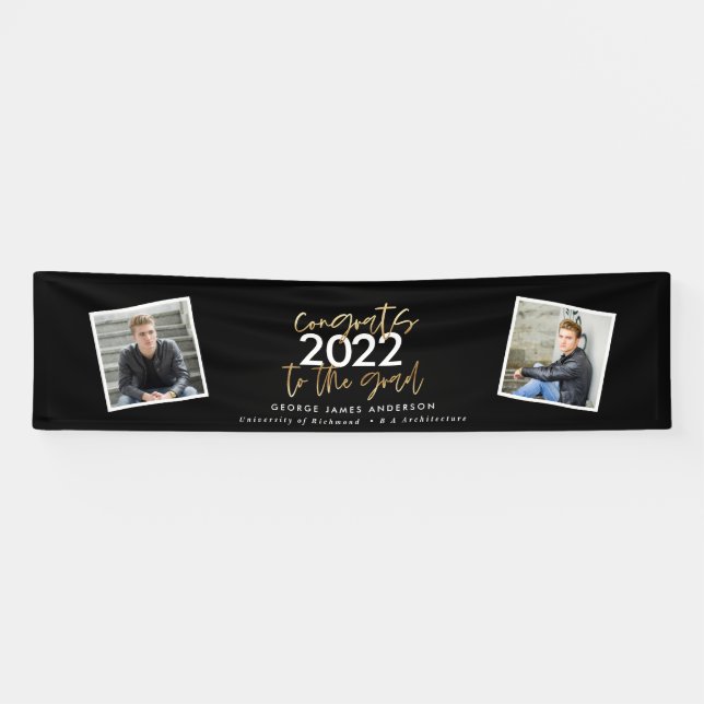 Black + gold modern script multi photo graduation  banner (Horizontal)
