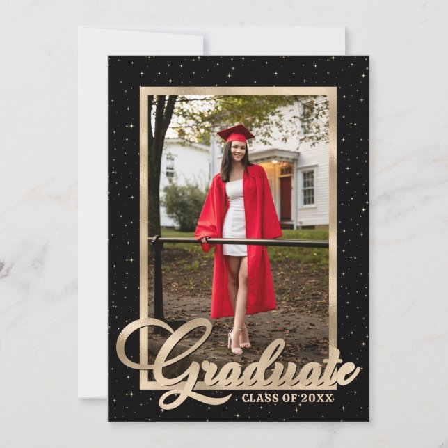 Black Gold Modern Script Photo Graduation Party Invitation (Front)