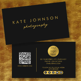 Black Gold Modern Script QR Code Social Media  B Business Card