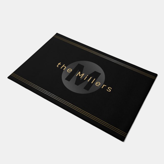 Black & gold modern simple personalised monogram doormat (Angled)