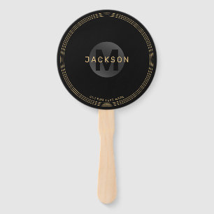 Black & gold modern simple personalised monogram hand fan