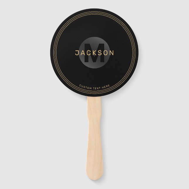Black & gold modern simple personalised monogram hand fan (Front)