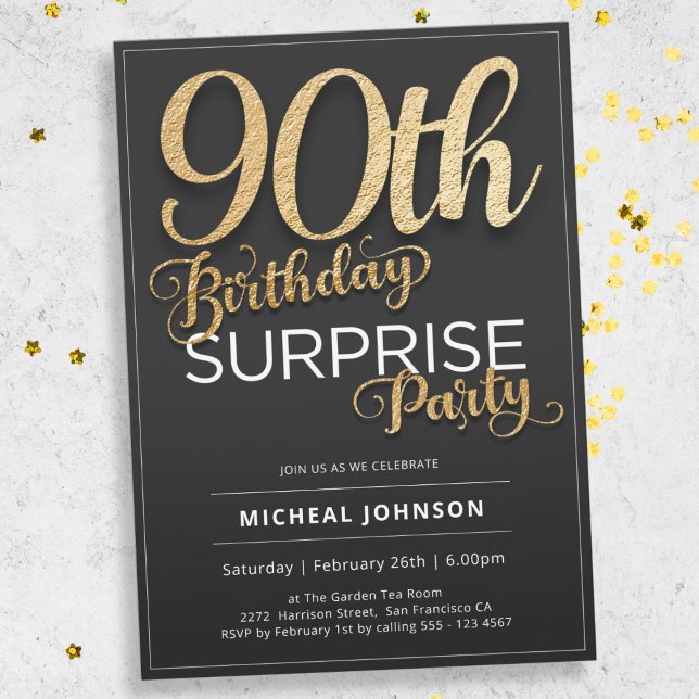 Black Gold Modern Surprise 90th Birthday Party Invitation (Mockup View)