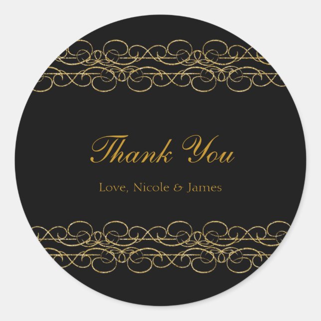Black & Gold Modern Swirl Elegant Classic Round Sticker (Front)