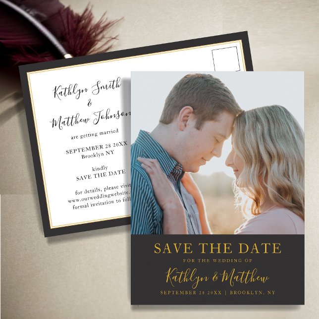Black Gold Modern Typography Simple Photo Wedding Announcement Postcard (Creator Uploaded)