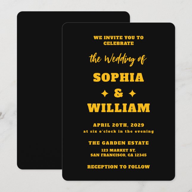 Black & Gold Modern Typography Wedding Invitation (Front/Back)