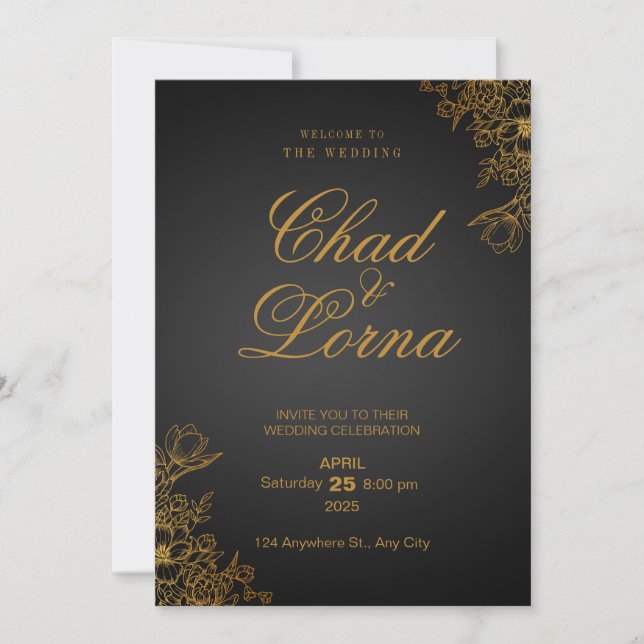 Black Gold Modern Wedding Invitation Card (Front)