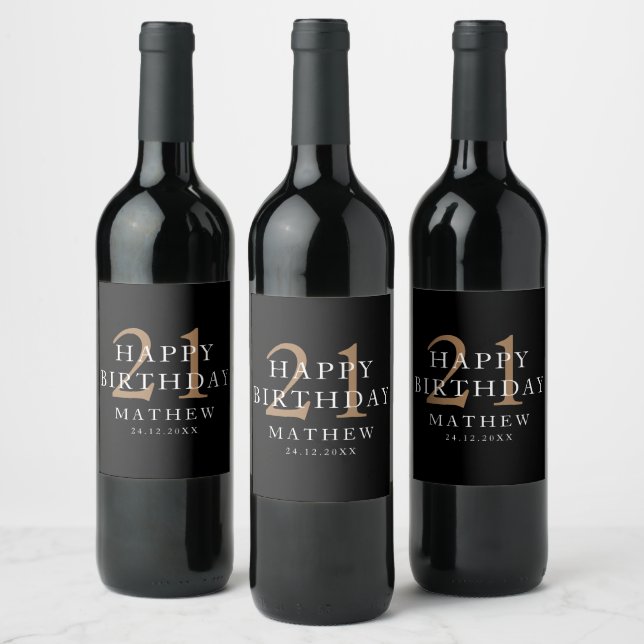 Black & Gold Modner 21st Birthday Party Wine Label (Bottles)