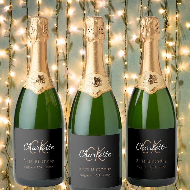 Black gold monogram birthday party sparkling wine label (Creator Uploaded)