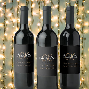 Black gold monogram birthday party wine label
