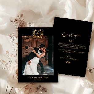 Black Gold Monogram Botanical Crest Wedding Photo  Thank You Card