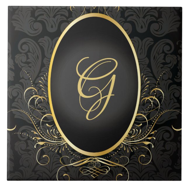 Black gold Monogram Classy Royal Style Tile (Front)