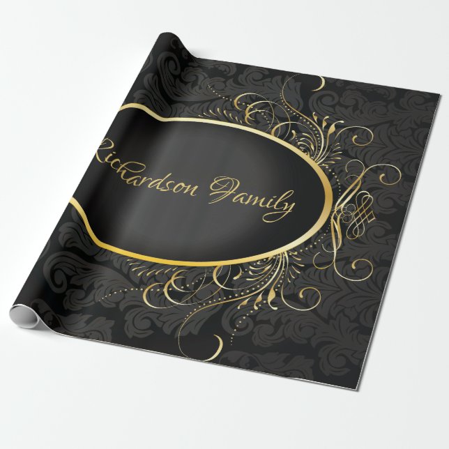 Black gold Monogram Classy Royal Style Wrapping Wrapping Paper (Unrolled)