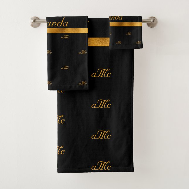 Black gold monogram couple initials pattern name bath towel set (Insitu)