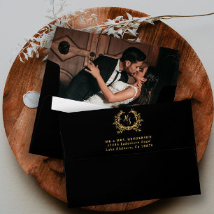 Black Gold Monogram Crest Wedding Photo Envelope
