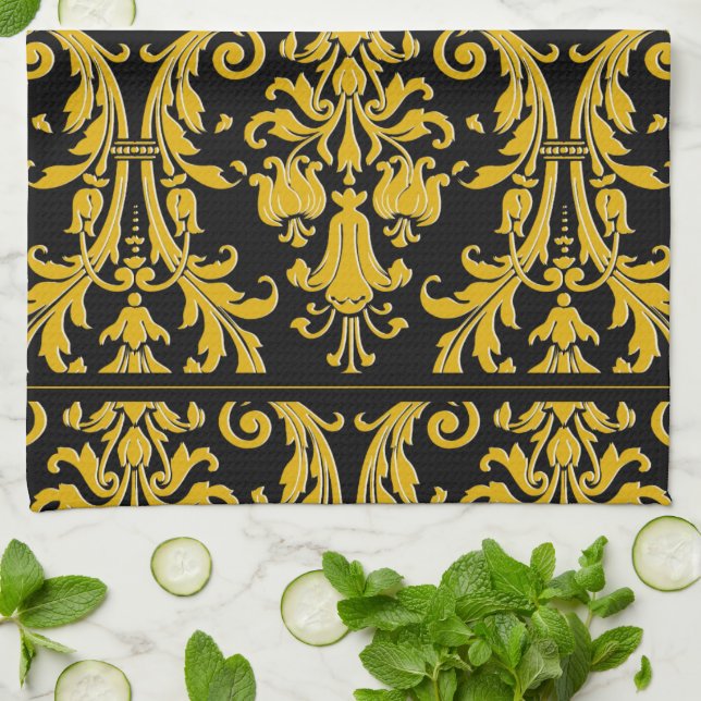 Black Gold Monogram Custom Name Floral Damask Tea Towel (Folded)