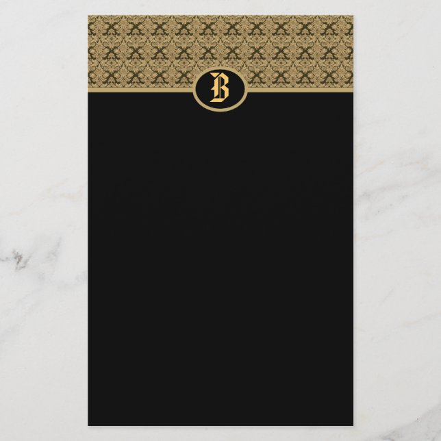 Black Gold Monogram Damask Stationery (Front)