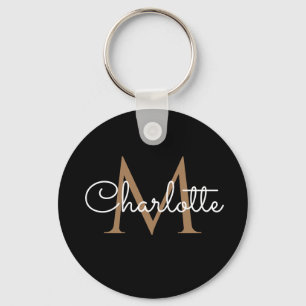 Black Gold Monogram Elegant Feminine Script Key Ring