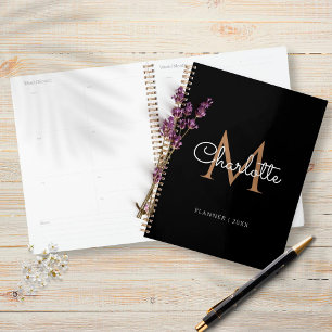 Black Gold Monogram Elegant Girly Script 2021 Planner