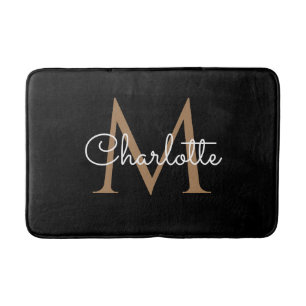 Black Gold Monogram Elegant Girly Script Bath Mat