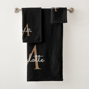 Black Gold Monogram Elegant Girly Script Bath Towel Set