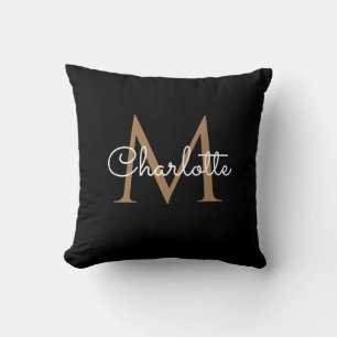 Black Gold Monogram Elegant Girly Script Cushion