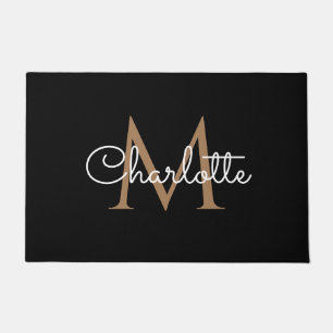 Black Gold Monogram Elegant Girly Script Doormat