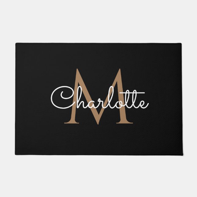 Black Gold Monogram Elegant Girly Script Doormat (Front)