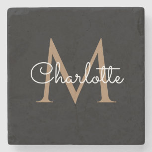 Black Gold Monogram Elegant Girly Script Stone Coaster