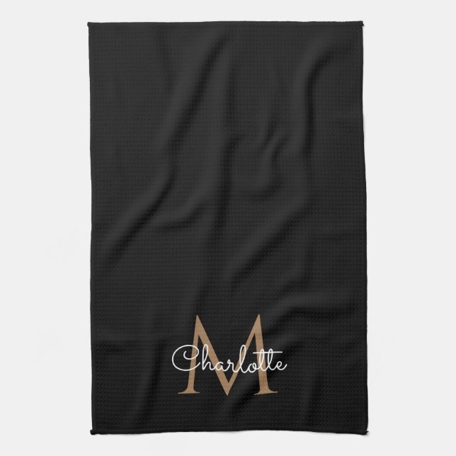 Black Gold Monogram Elegant Girly Script Tea Towel (Vertical)