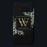 Black Gold Monogram Elegant Modern Greenery<br><div class="desc">Elegant watercolor greenery leaves monogram name phone case featuring a gold monogram initial on a chic black background. Designed by Thisisnotme©</div>